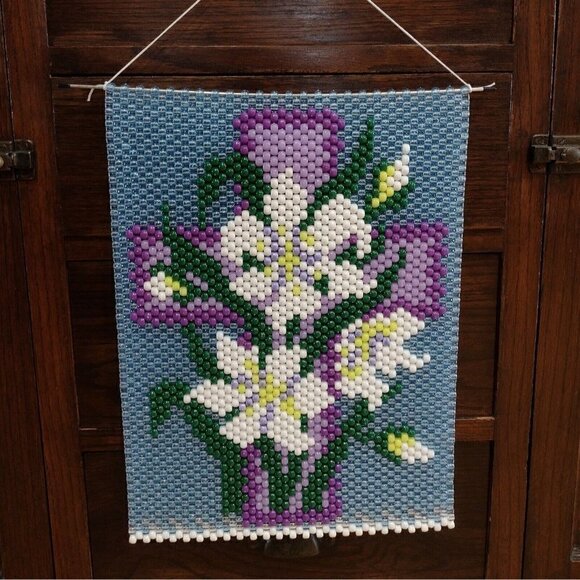 Handmade Beaded Artwork Cross Lily Floral Wall Hanging/Suncatcher Easter Decor - Picture 2 of 7